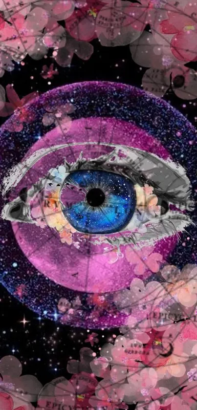 Abstract eye with galaxy and flowers in vibrant colors.