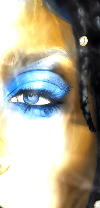 Close-up abstract eye with blue makeup, artistic style.