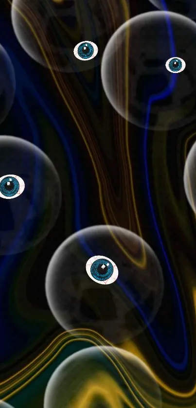 Abstract wallpaper with floating eye bubbles on a dark, wavy background.