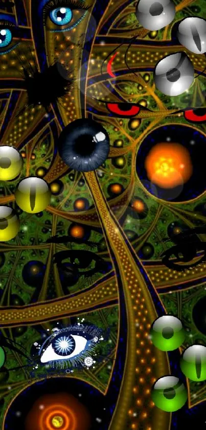 Abstract fantasy wallpaper with eyes and glowing patterns.