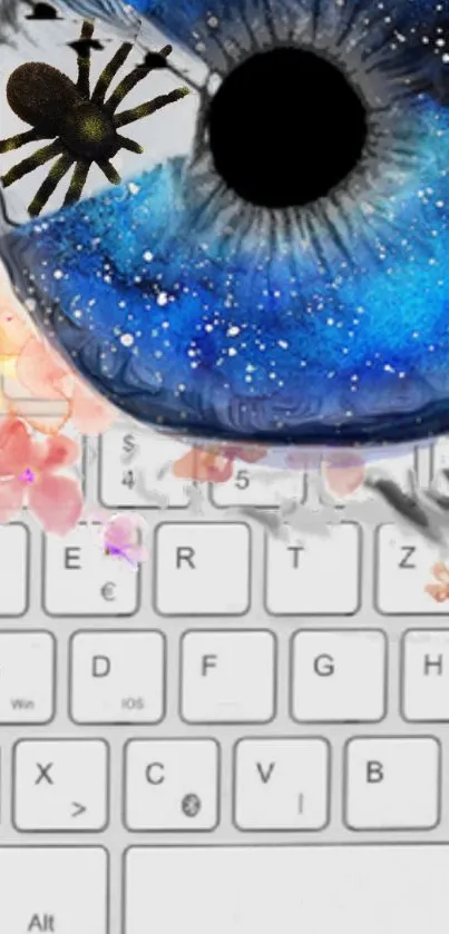 Vibrant abstract eye over keyboard with cosmic and floral elements.