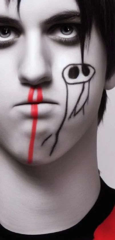 Abstract grayscale face with red art design.