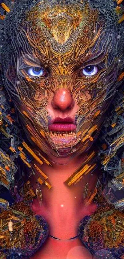 Intricate abstract face digital art with gold and vibrant hues for mobile wallpaper.