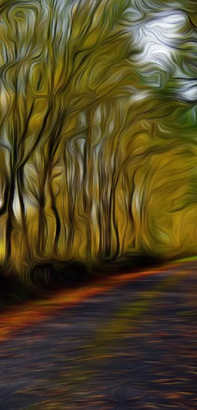 Abstract forest pathway in vibrant fall colors with swirling effect.