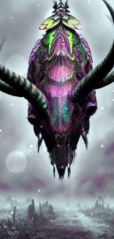 Mystical creature with purple and green hues in a surreal landscape.