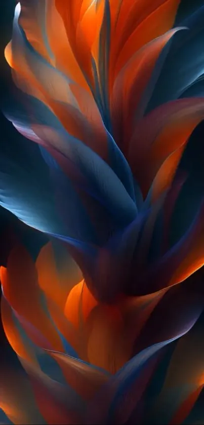 Abstract mobile wallpaper with swirling feathers in vibrant blue and orange.