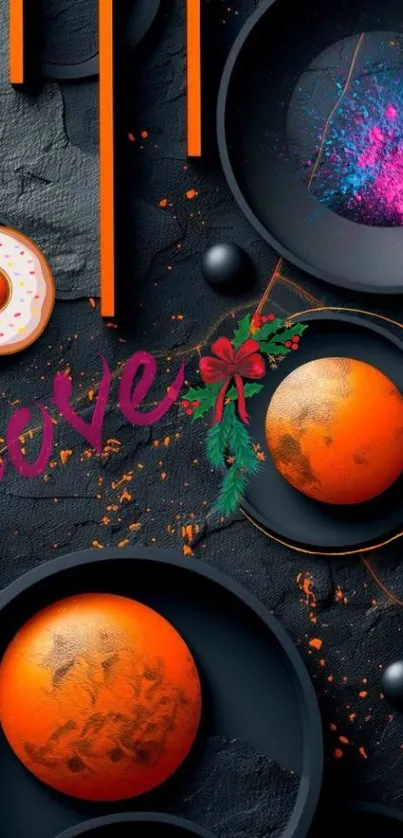 Colorful abstract festive wallpaper with geometric shapes and decorations.