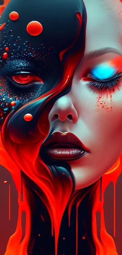 Abstract fiery face art blending vibrant colors and futuristic elements.