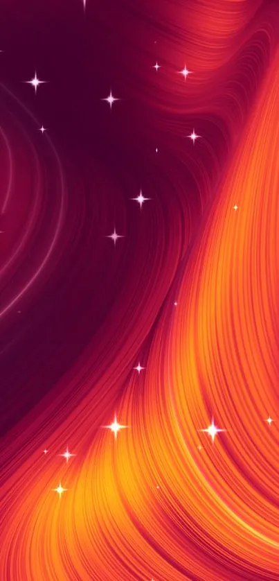 Abstract fiery wallpaper with orange waves and stars.