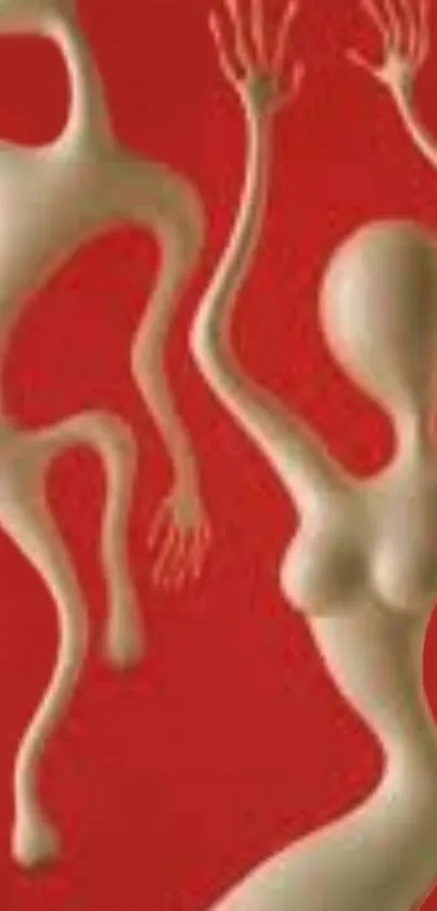 Abstract figures on a bold red background.