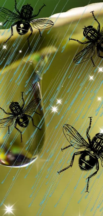 Abstract flies and raindrops on yellow background for phone wallpaper.