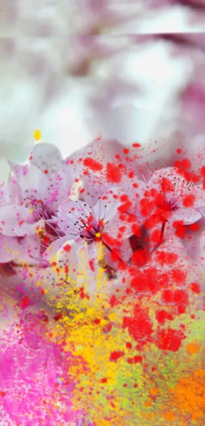 Vibrant floral abstract wallpaper with colorful blossoms and artistic splashes.