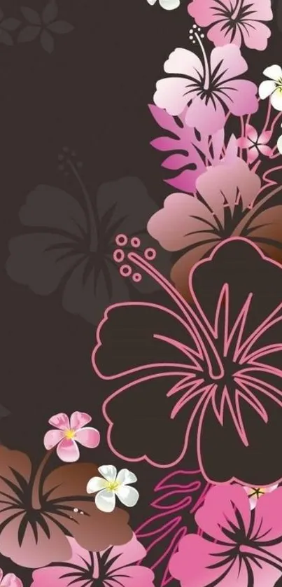 Abstract floral wallpaper with pink hibiscus on dark background.