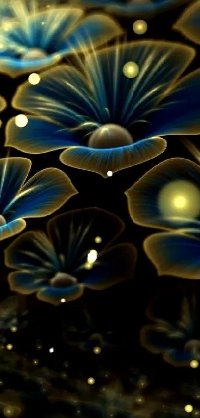 Abstract floral fantasy wallpaper with glowing blue flowers and dark background.