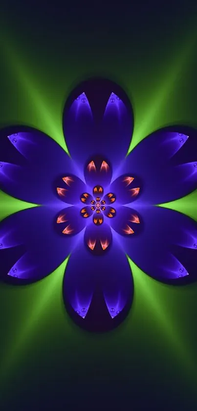 Abstract floral design with blue flower glowing against a dark background.