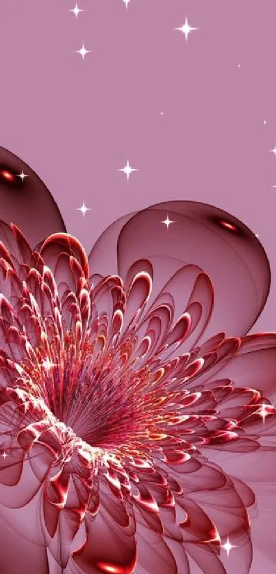Abstract red floral design on dusty rose background.