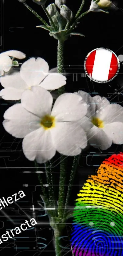 Abstract mobile wallpaper featuring white flowers and a rainbow fingerprint.