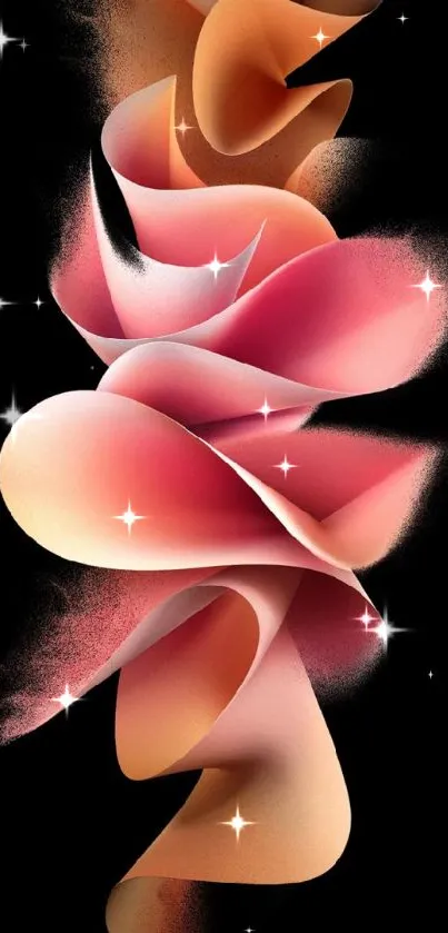 Abstract mobile wallpaper with pink and orange petals on a black background.