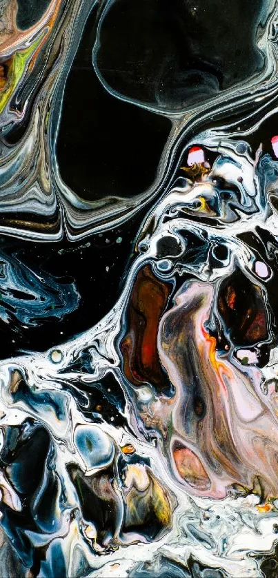 Abstract fluid art with black, white, and colorful swirls.