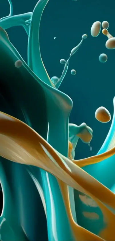 Abstract fluid art with teal and gold splashes.