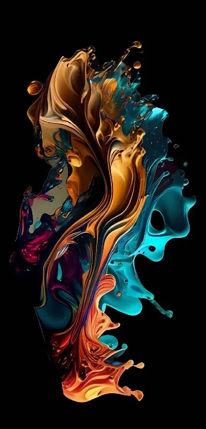 Vibrant abstract fluid art with turquoise, orange, and gold on black background.