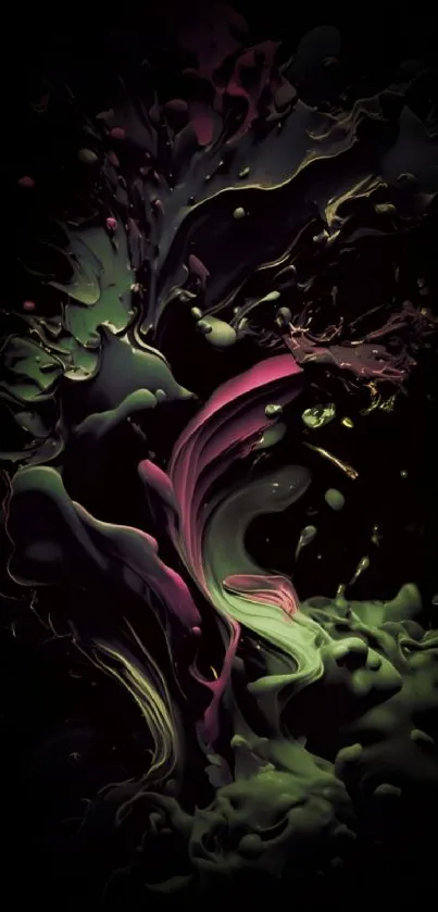 Abstract wallpaper with vibrant green and pink fluid splashes.