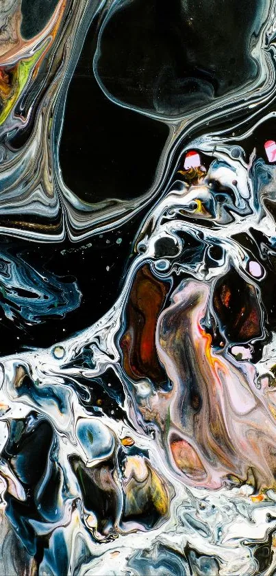 Abstract fluid art wallpaper with swirling vibrant colors and black background.