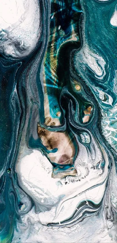 Abstract fluid art with swirling teal and white patterns in a dynamic design.