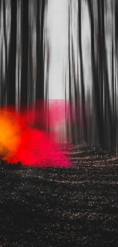 Abstract forest with vibrant orange-red smoke.