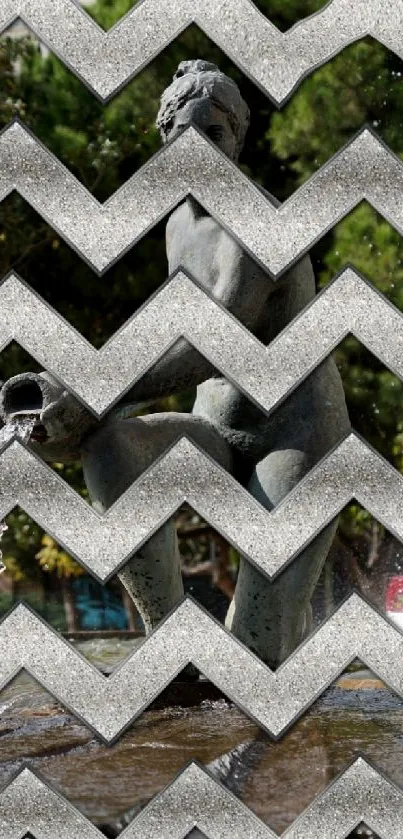 Abstract zigzag overlay on park fountain image.