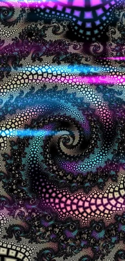 Abstract fractal spiral with geometric shapes in vibrant colors for mobile wallpaper.