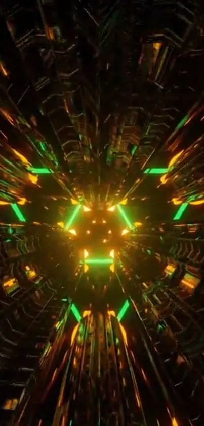 Abstract design with green and yellow neon lights forming a futuristic tunnel.