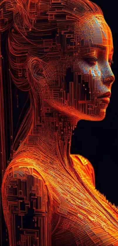 Abstract orange portrait with digital circuitry.