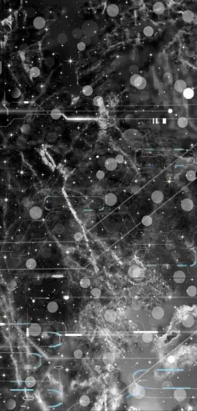 Abstract cosmic wallpaper with stars and swirling textures in grayscale.