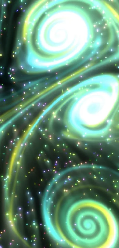 Abstract teal and green galactic swirl wallpaper.