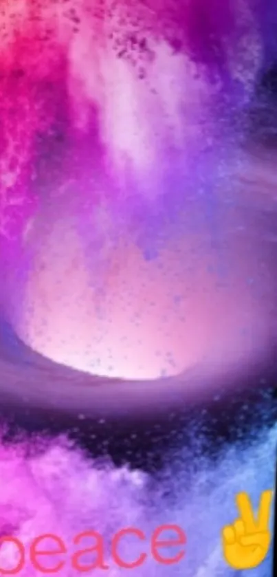 Abstract galaxy wallpaper in pink and purple tones with peace symbol.