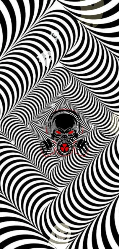 Abstract wallpaper with a central gas mask and hypnotic black and white design.