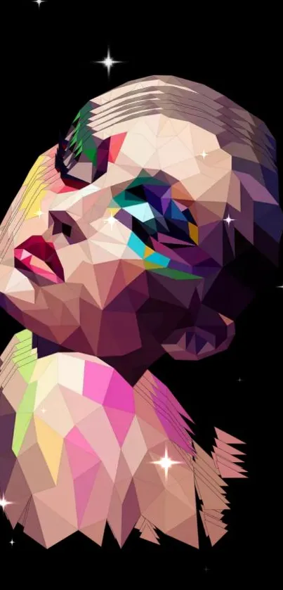 Colorful abstract geometric portrait on black background.