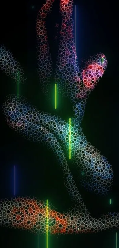 Abstract geometric design with vivid colors on black background.