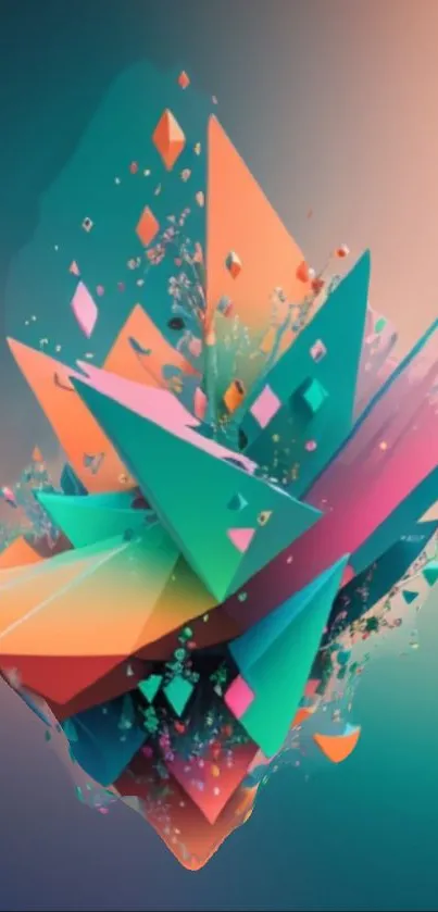 Vibrant abstract geometric art with teal, orange, and pink hues.