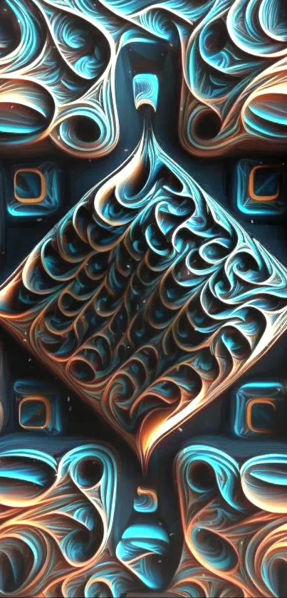 Abstract geometric art wallpaper with blue and orange swirls.