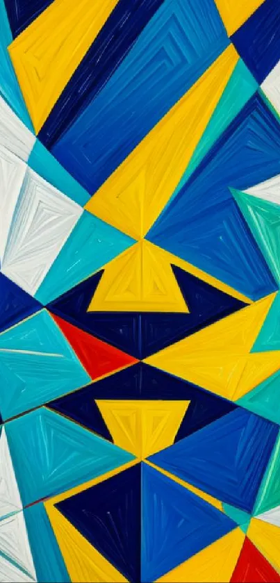 Vibrant abstract geometric wallpaper with colorful triangles in blue, yellow, and red.