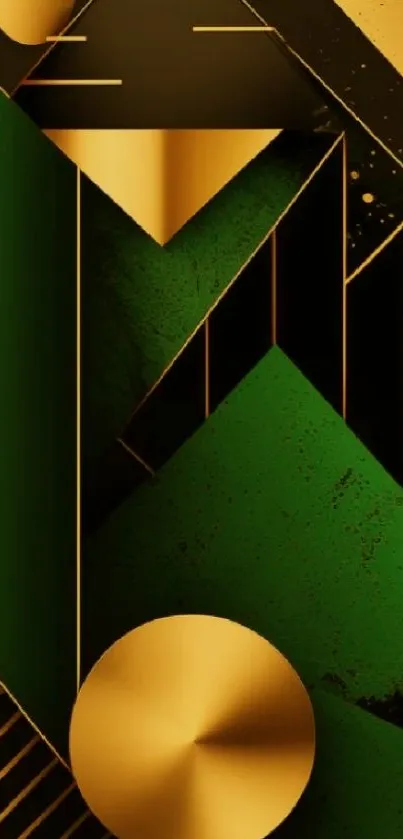 Abstract geometric art with gold and green shapes.