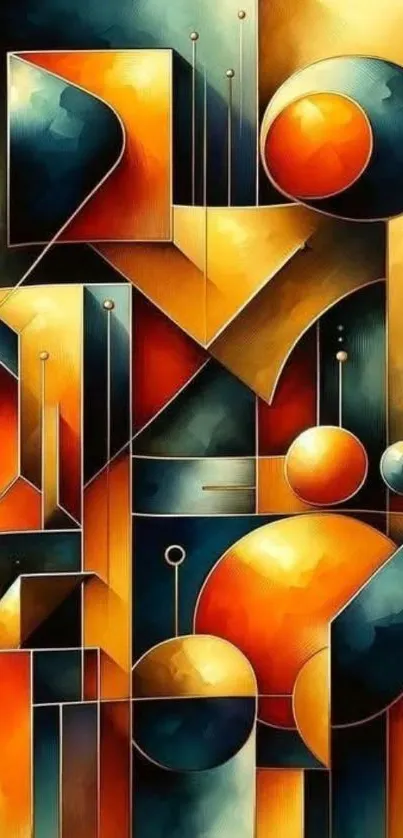 Abstract geometric wallpaper with vibrant orange and teal shapes.