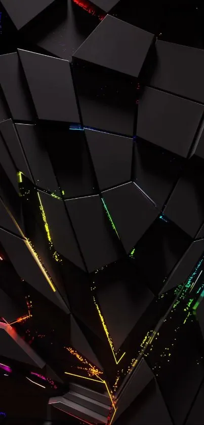Abstract geometric black design with colorful highlights.