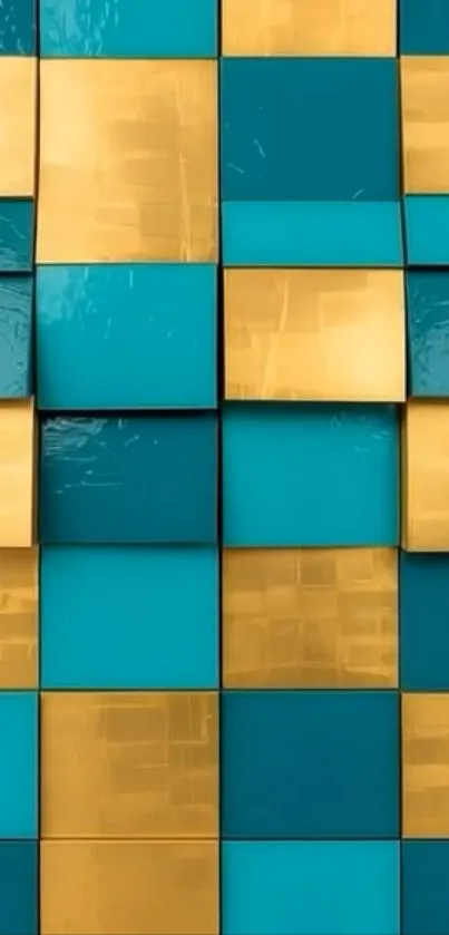 Abstract teal and gold block pattern wallpaper.