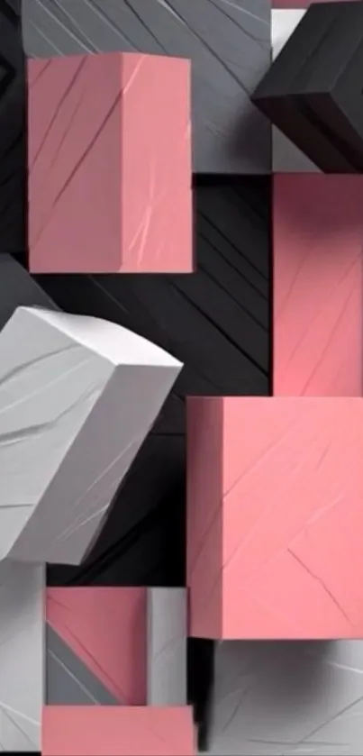 Abstract geometric blocks in pink, gray, and black colors.