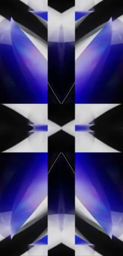 Abstract geometric blue and black patterned wallpaper.