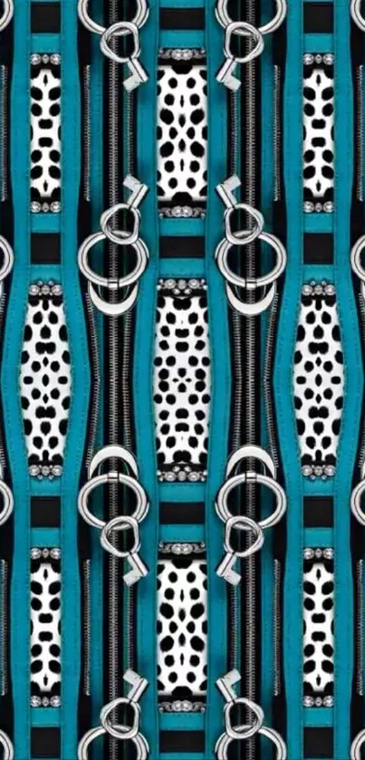 Abstract geometric blue patterned wallpaper with stripes and dots.