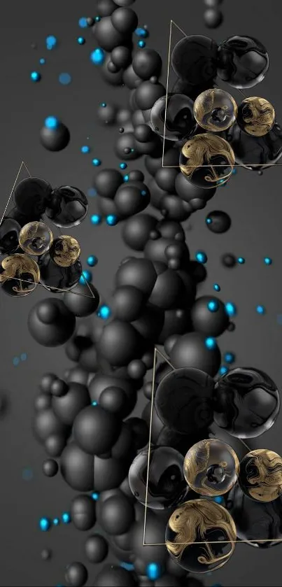 Abstract wallpaper with black bubbles and geometric shapes on a dark background.